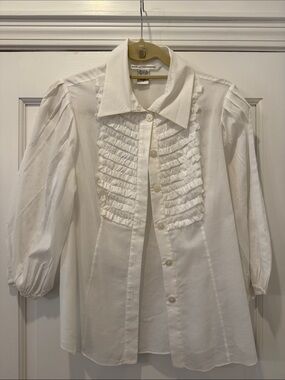 Diane von Furstenberg White Ruffled Front Button-Up Blouse